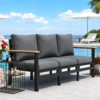 Sturdy Metal Frame 3-Seater Outdoor Sofa with Armrest & Thick Cushions, High Load-Bearing Patio Furniture，Outdoor Patio Furniture Set for Backyard, Garden, Poolside, Patio(Gray)