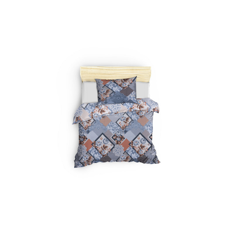 Ensemble de housse de couette 100% coton bleu / brun Erasme, Housse de couette simple + 1 taie d'oreiller 24 po
