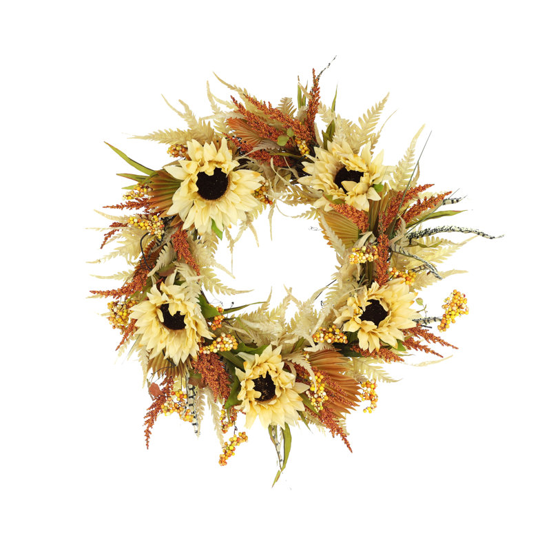 22" Fall Sunflower and Heather Wreath, Orange/Cream