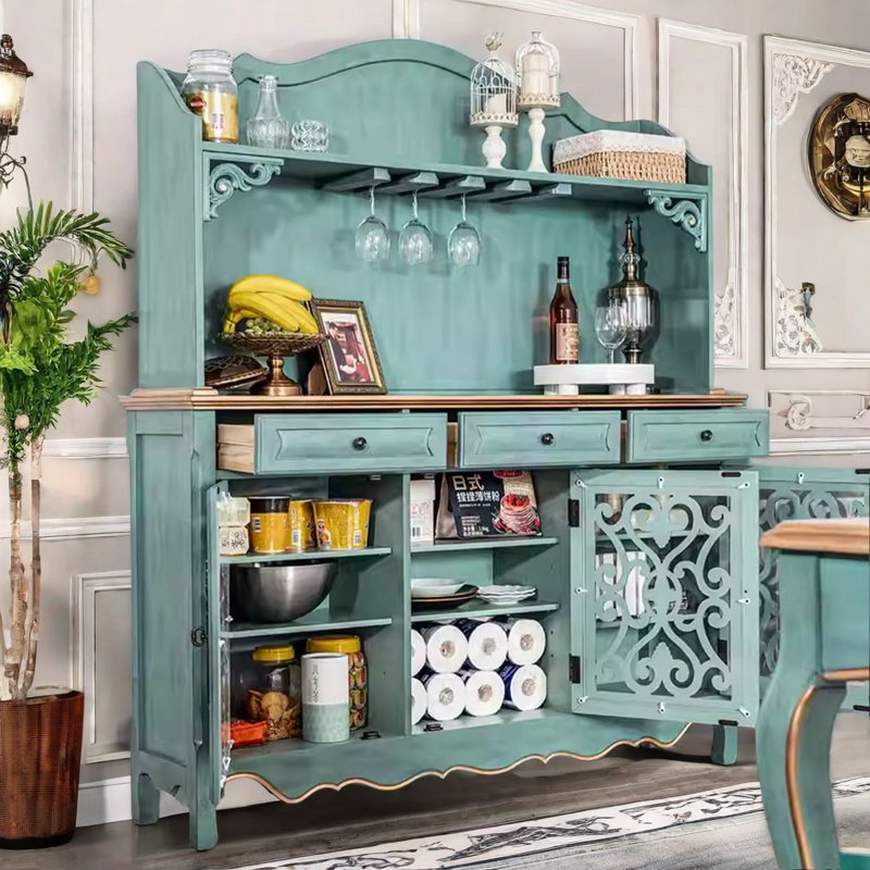 Retro Blue Solid Wood Sideboard with Bar Hutch