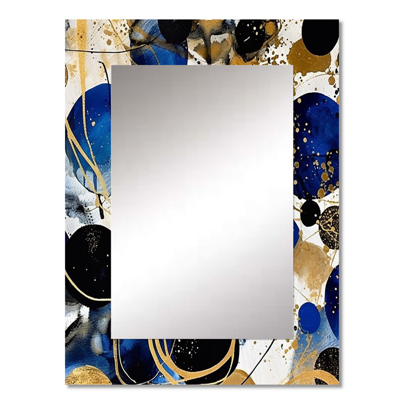 Muret Abstract Pattern With Blue & Golden Textures XVIII - Minimalism Wall Mirror, Blue Decorative Mirror, Printed Metal Art