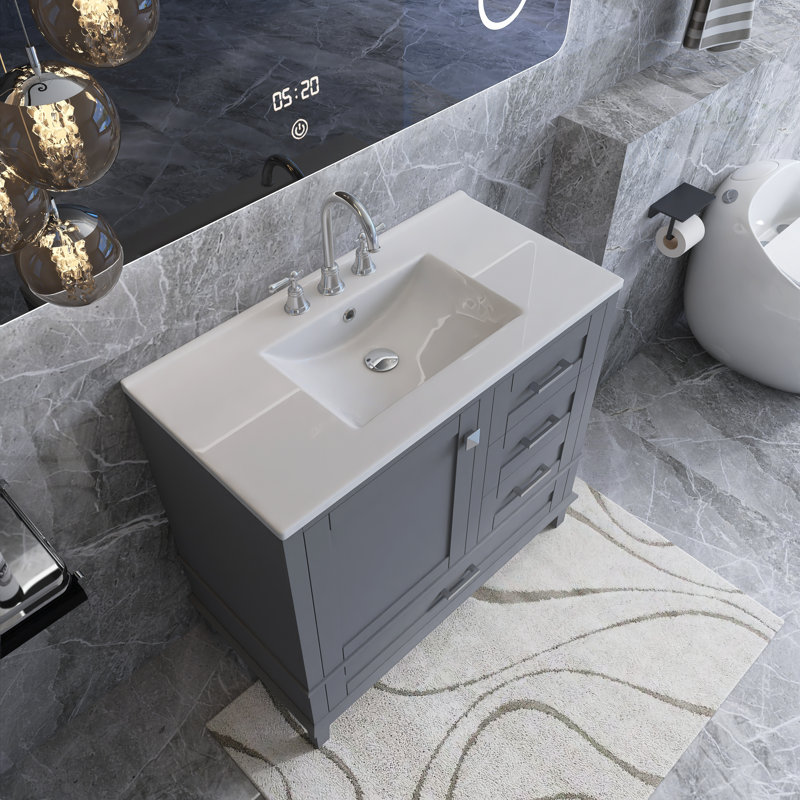Meuble-lavabo moderne en MDF avec porte à fermeture douce et tiroirs, Gris, Argent