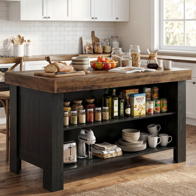 Îlot de cuisine en bois avec tablette de rangement, table de préparation de cuisine de ferme de 55,12 po pour la salle à manger