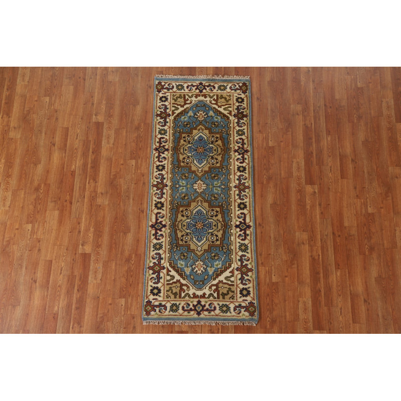 Tapis de couloir bleu clair Heriz Serapi noué à la main 2 x 6