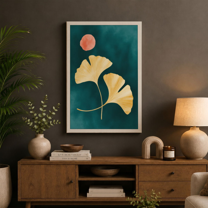 Ginkgo Moon Botanical - Wrapped Canvas, 36x24 - 91.4 x 61.0 cm, Ochre Border