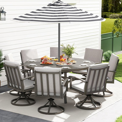 Moffett 9-Piece Gray Aluminum Patio Dining Set With 8 Swivel Dining Chairs And Washable Light Gray Cushions