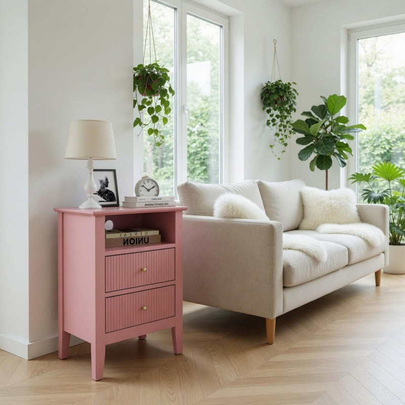 Ensemble de table de chevet cannelée à 2 tiroirs avec beaucoup de rangement, Rose