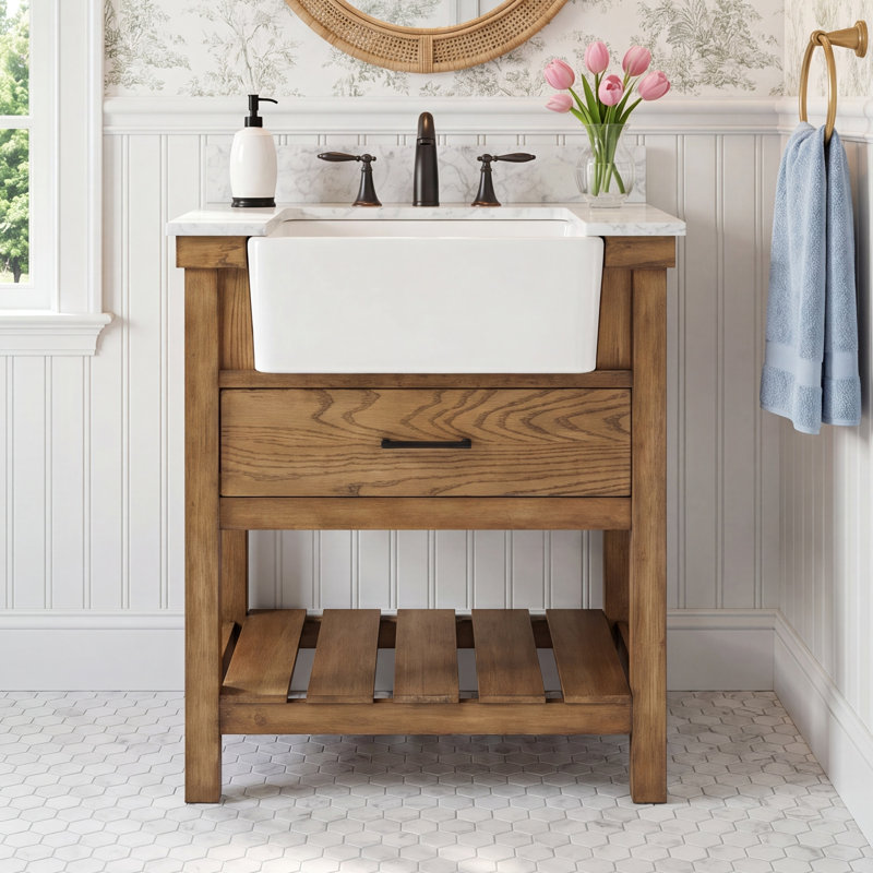 Pelaghia 30'' Single Bathroom Vanity with Marble Top, Driftwood