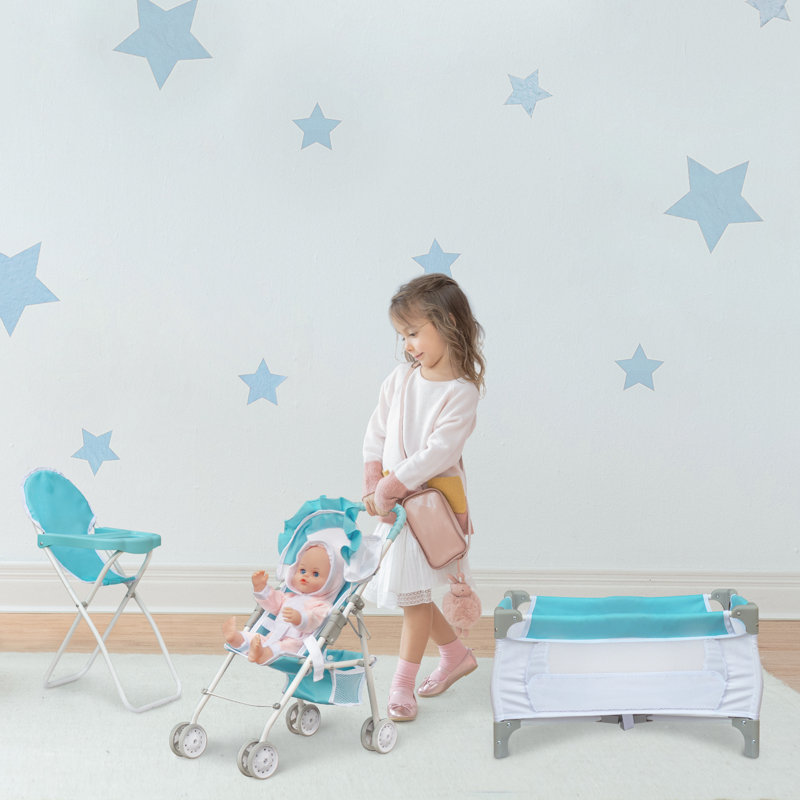  3-in-1 Doll Pushchair Stroller, Doll High Chair and Cot Set