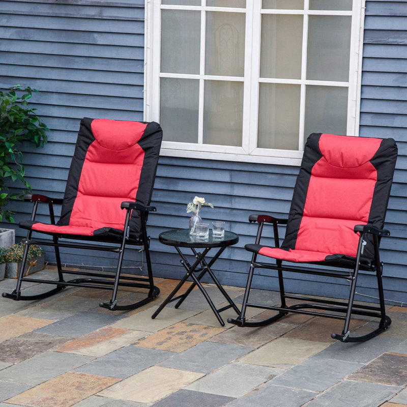 Mobilier d'extérieur rouge - 2 fauteuils à bascule pliables rembourrés et une table basse compacte en verre pour véranda ou terrasse, avec structure en acier pliable pour le camping