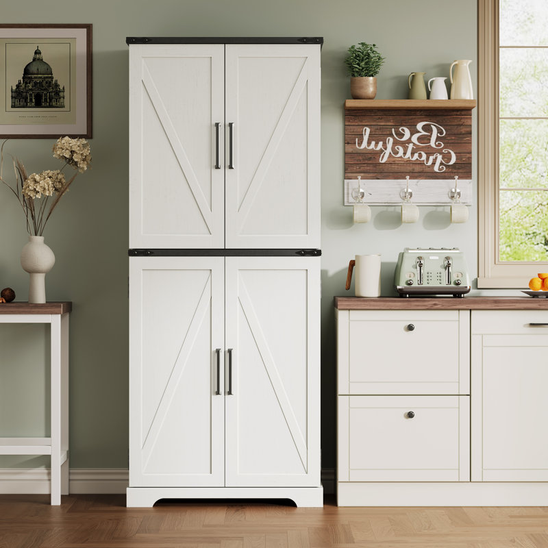 72" Farmhouse Kitchen Pantry Storage Cabinet With 12 Door Shelves, 6 Adjustable Shelves and 1 Hidden Drawer, White