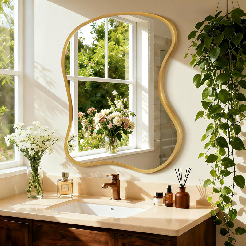 Asymmetrical Metal Framed Wall Mirror, Gold, 35.4" x 29.5"