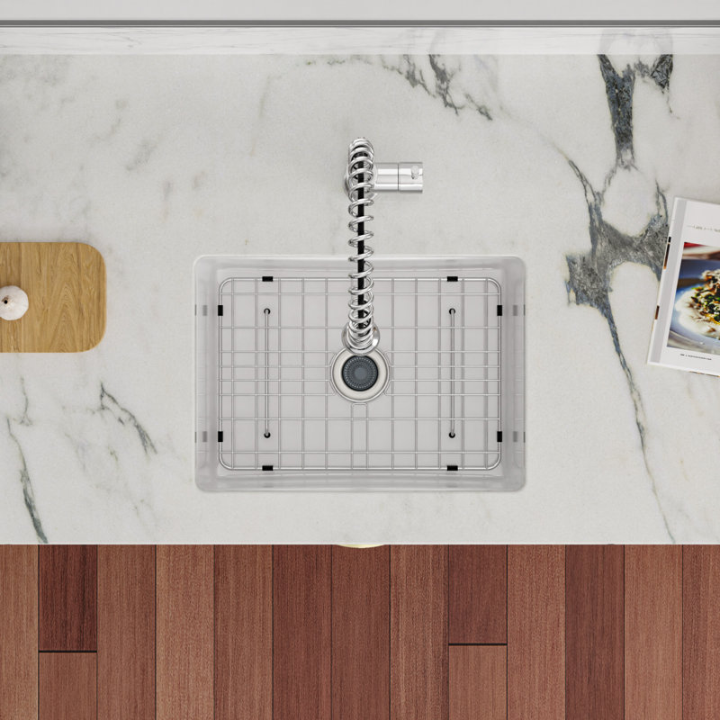 Évier de cuisine rectangulaire encastré en argile réfractaire 24 po x 18 po L 24 po x l 18 po, White/Brushed Silver Part