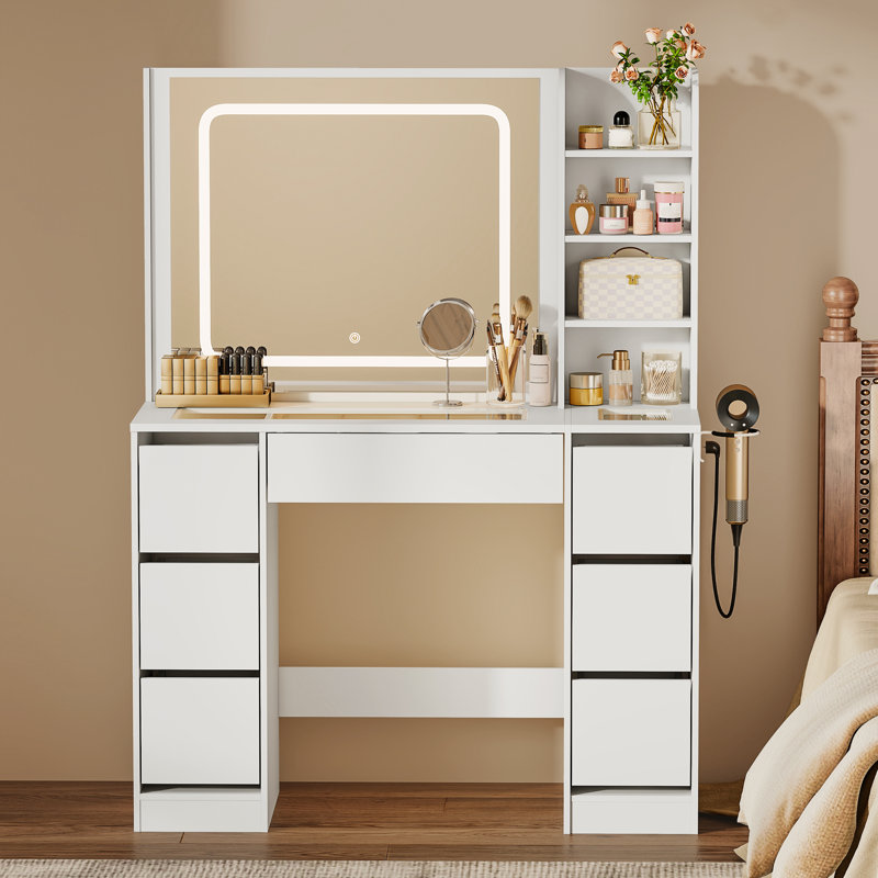 41.3" Makeup Vanity with Adjustable Lighted Mirror, 7 Drawers & Open Shelves, Modern Dressing Table with Charging Station for Bedroom
