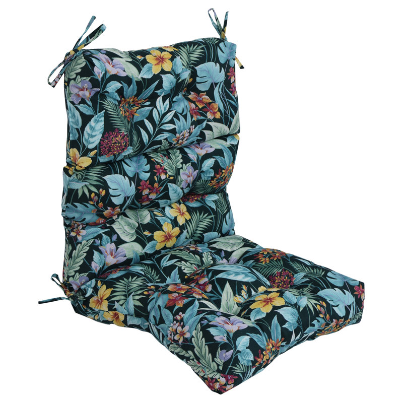 Outdoor Tufted Seat/Back Chair Cushion, Blue/Green/Carena Teal Floral, 20" W x 20" D