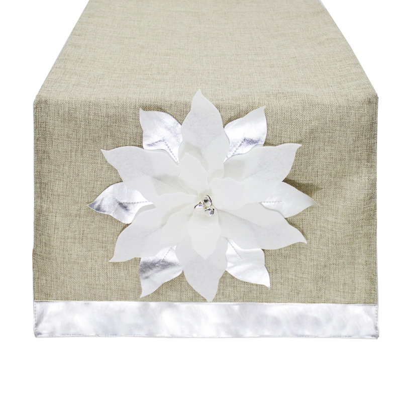 Elron Floral Christmas Table Runner, 120" x 16", White/Silver/Natural