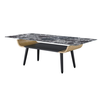 Table basse 47 po, verre marbré noir, bois massif et pieds réglables 47 po avec plateau en verre, nivellement courbé