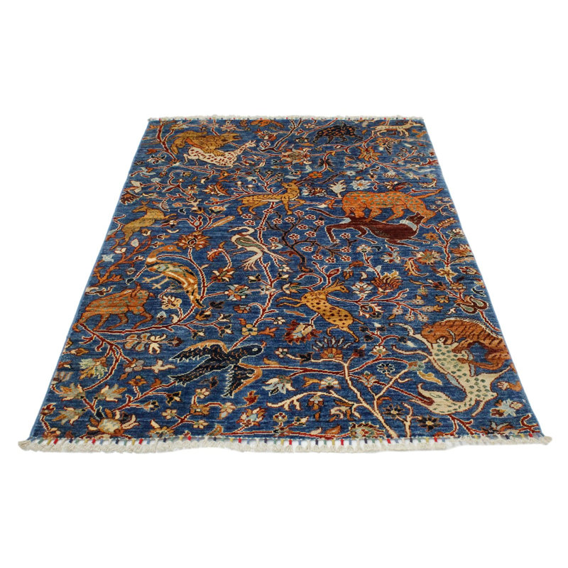 4x6 Blue and Multicolor Turkish Tribal Rug