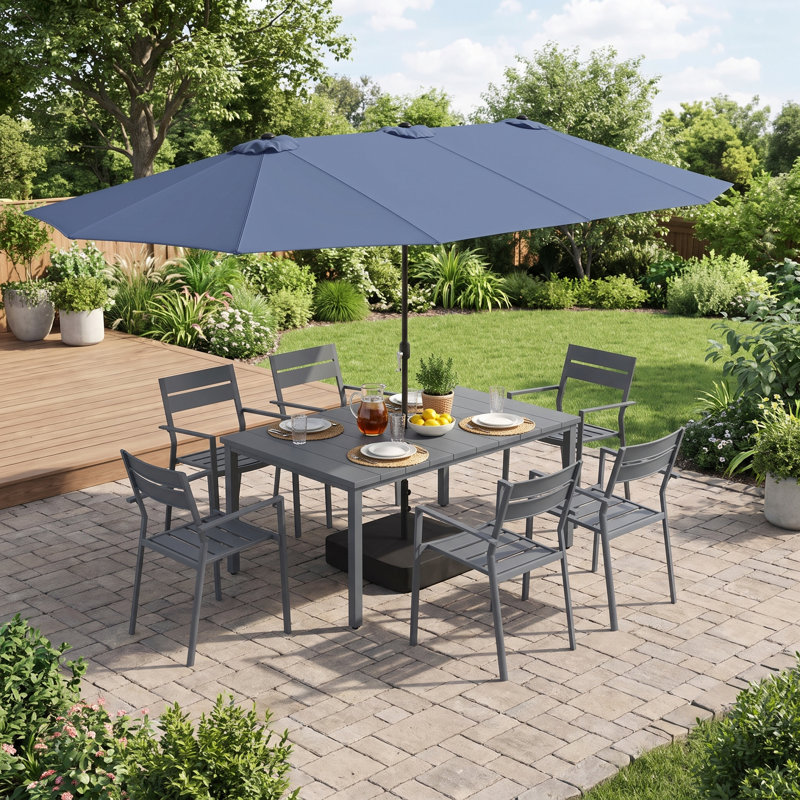 Ensemble de salle à manger rectangulaire pour 6 personnes avec chaises empilables en métal et parasol de marché de 13 pi