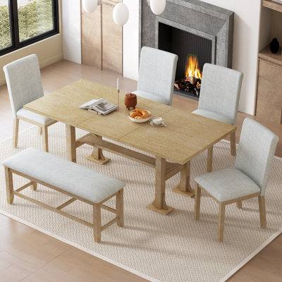 Farmhouse Extendable 6-Piece Dining Table Set with 18" Leaf, Upholstered Chairs & Bench – Trestle Base Kitchen Dining Room Furniture, Natural
