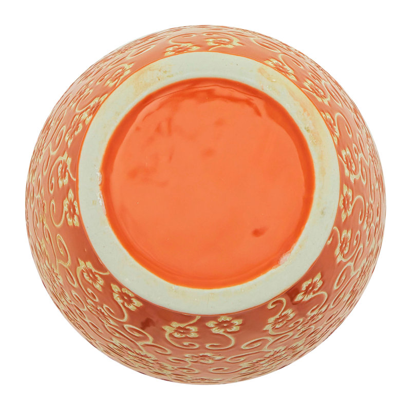 14" Bright Yellow Tung Chi Vase, Orange Floral