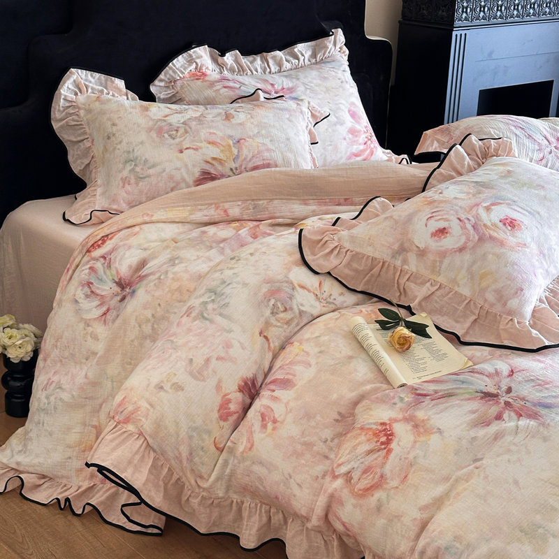 Ensemble de housse de couette floral en coton froissé à double couche, Rosé
