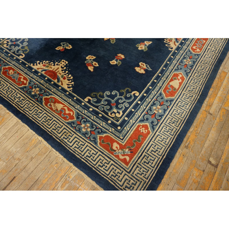 Hand Knotted Pile Rectangle Floral Medallion Antique Blue 1920s Wool Rug