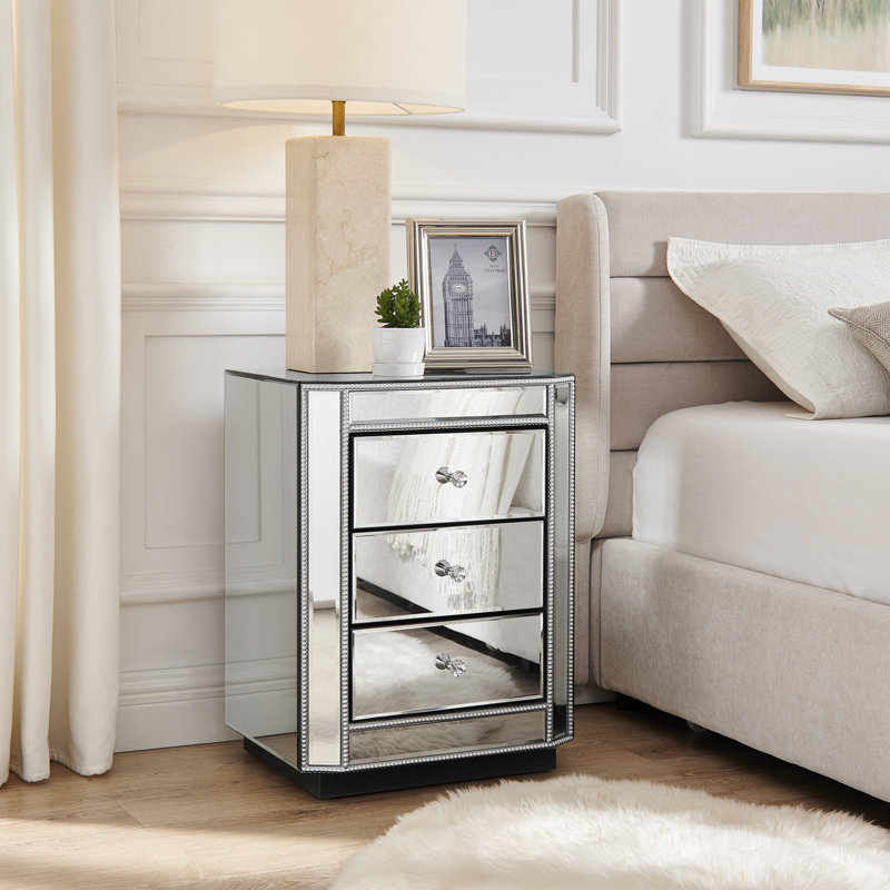 Table de chevet à 3 tiroirs avec table de chevet, table de bout moderne, table de chevet avec miroir, table d'appoint avec miroir pour le salon, la chambre à coucher et le vestibule l 17,7 po x P 13,8 po x H 23,6 po