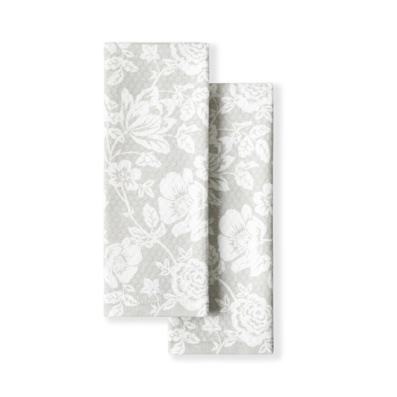 Gray Floral Cotton Kitchen Towel Set, 2 Piece