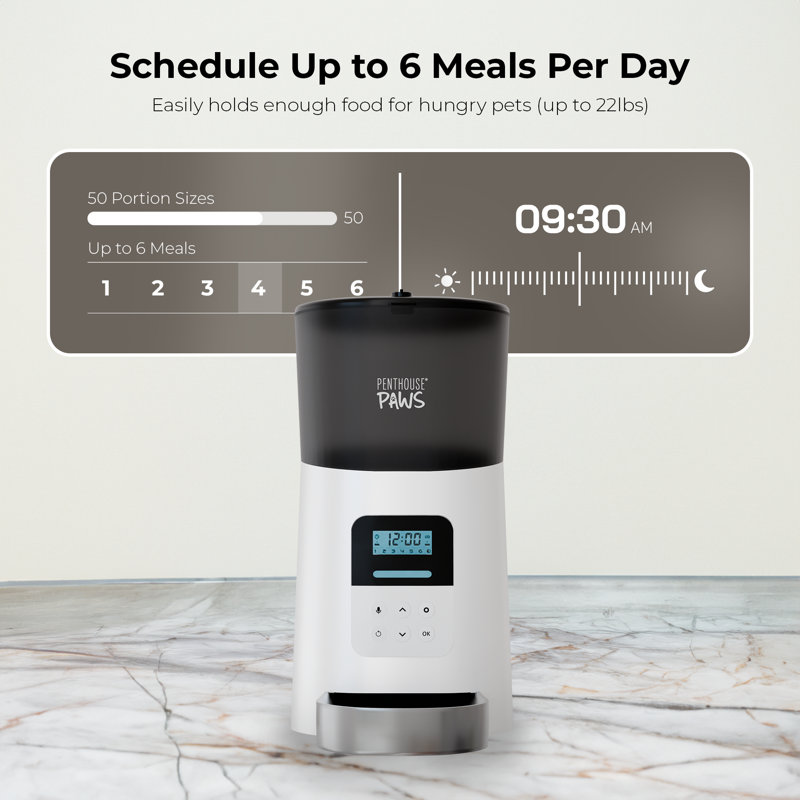 Penthouse Paws® Smart Automatic Dog Feeder with LCD screen– 6L Capacity, App-Controlled, Voice Recorder, Anti-Jam, Battery Backup – Black - Stainless Steel