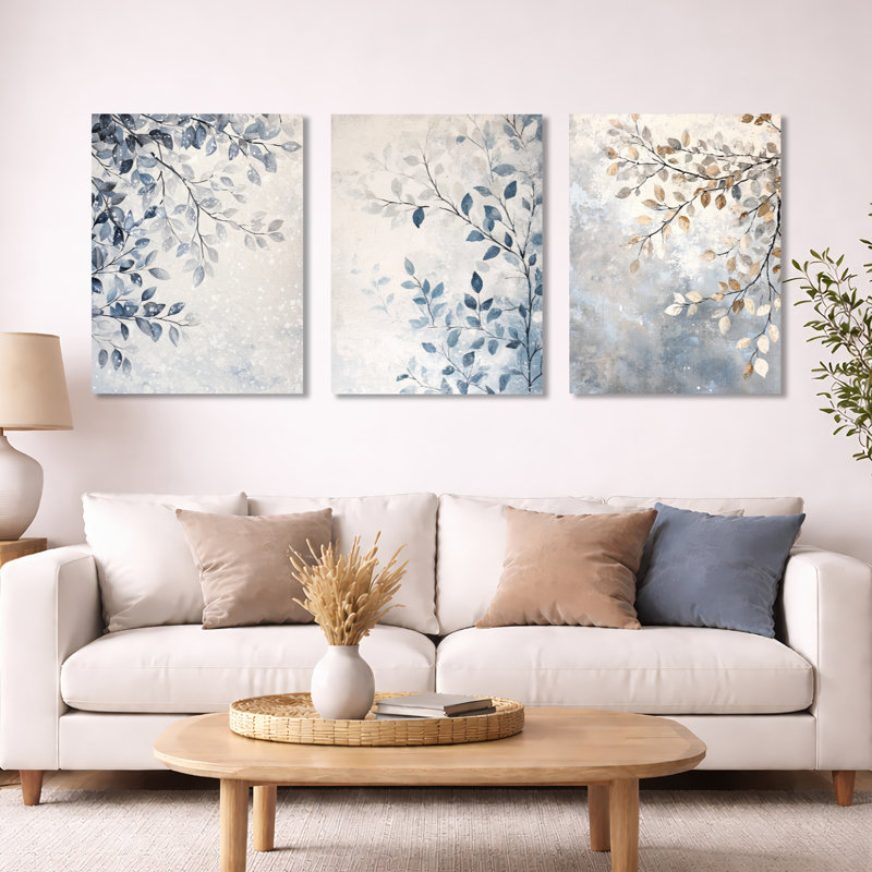 Branches, laissez dans la neige - feuilles, art mural encadré 3 pièces, H 32 po x l 72 po, Wrapped Canvas
