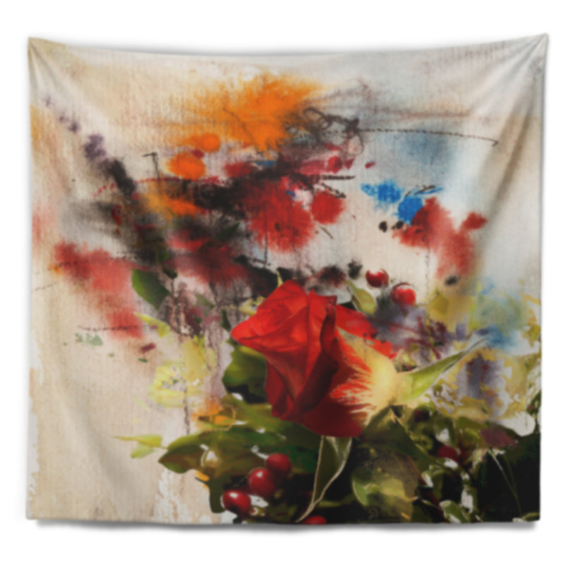 Tapisserie aquarelle de roses florales et de soleil, H 50 po x l 60 po