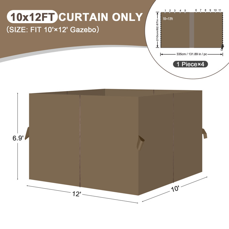 Aoodor Replacement 4-Panel Gazebo Sidewall Curtains, 82.7" H x 120" W x 144" D, Light Coffee
