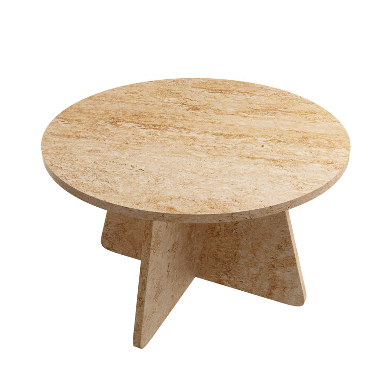 Travertine Look Round Coffee Table – Cross Legs End Table for Living Room, 48cm H x 58cm W x 58cm D