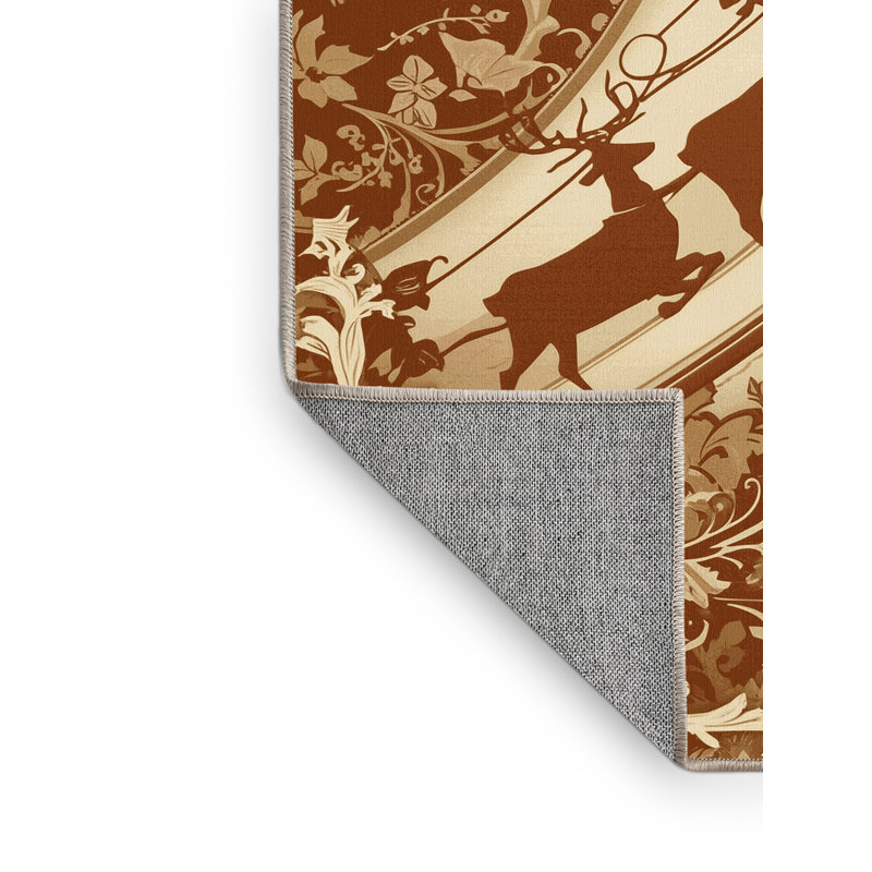 Machine Washable Eldred Sleigh With Reindeer Classic Damask Rug in Beige – Beige Binding, 5x7