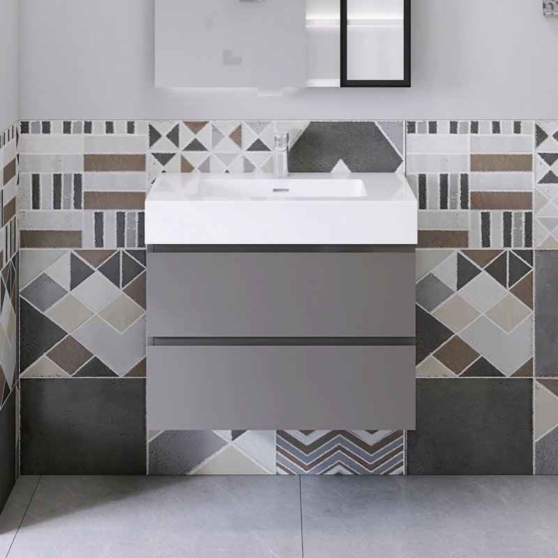 Ensemble de meuble-lavabo simple 29,9 po avec dessus Siglind, Blanc, Gris