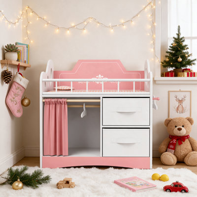 3‑in‑1 Wooden Dolls Crib Set with Accessories, Pretend Play Nursery Furniture Featuring Wardrobe, Changing Table, Bedding, Hooks, Hangers and Pillow, Fits Dolls up to 21", for Girls Ages 3+