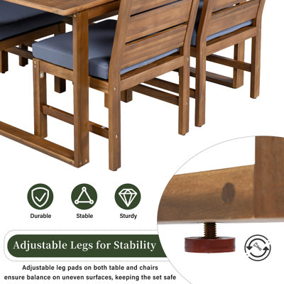 Farmhouse 5-Piece Outdoor Patio Dining Set with Adjustable Legs,Acacia Wood Dinning Set for 4,Suitable for Backyard, Garden, or Deck