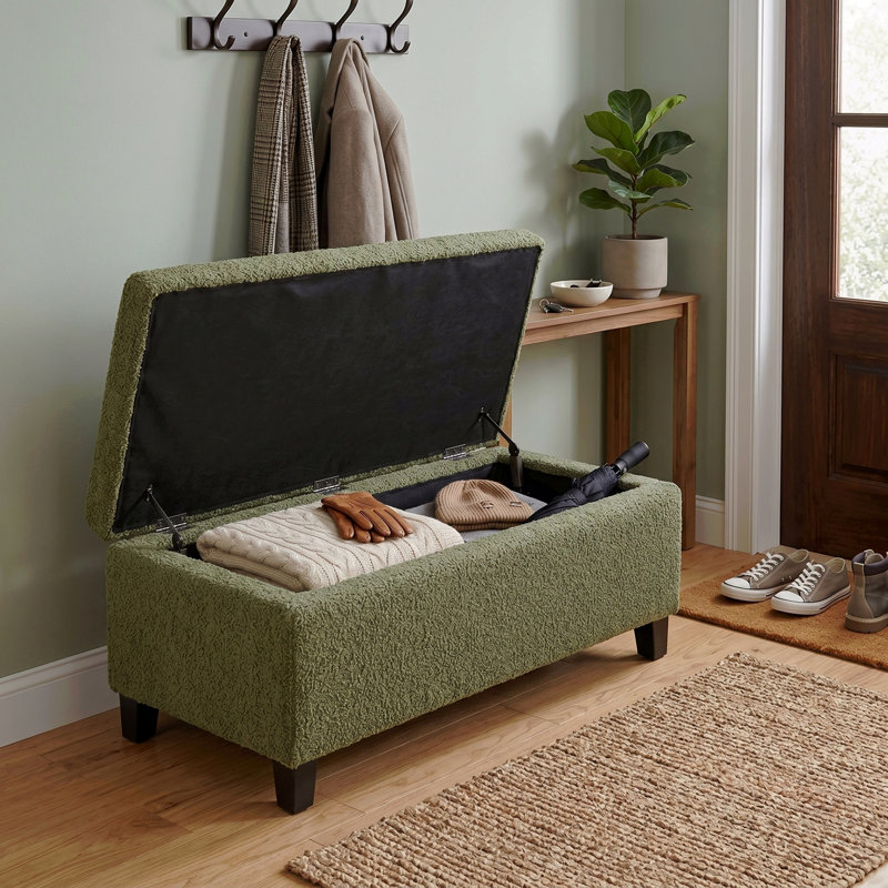 Repose-pieds de rangement avec couvercle rabattable, assemblage facile, pieds bouclés en tissu et en bois d'hévéa, vert rétro