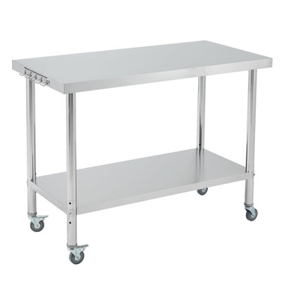 201 table de travail en acier inoxydable L 30 po x l 24 po x H 35 po, table de préparation mobile carrée à roulettes, roulettes, poste de travail utilitaire robuste à deux niveaux pour garage de restaurant de cuisine