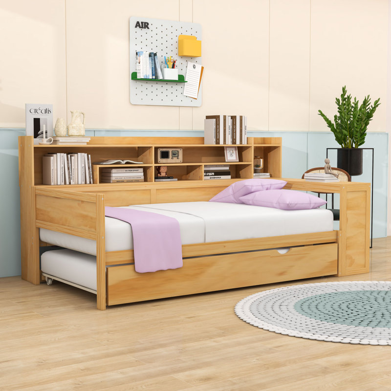 Wooden Daybed with Twin Trundle, Storage Shelves, Twin, Natural