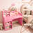 Lighted Crown Mirror Kids Vanity Set - 2-in-1 Wooden Makeup Desk with Chair, Drawer & Open Shelves - Princess Dressing Table with Room Storage for Toddlers  - Pink-1287013478