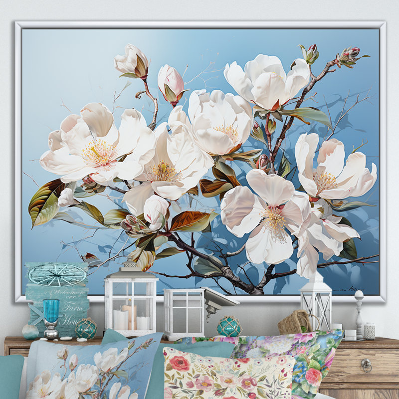 «Magnolias» blanc et bleu I - impression, H 30 po x l 40 po x P 1,5 po, Cadre flottant blanc