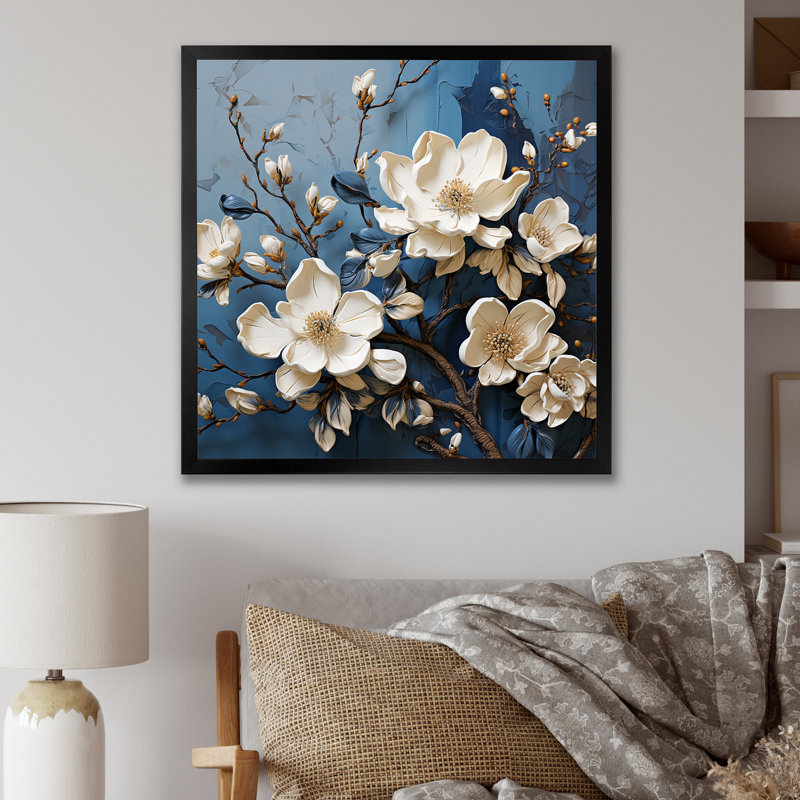 Blue And White Magnolia Blooming I - Magnolias Canvas Prints, 36" H x 36" W x 1.5" D, Black Single Picture Framed