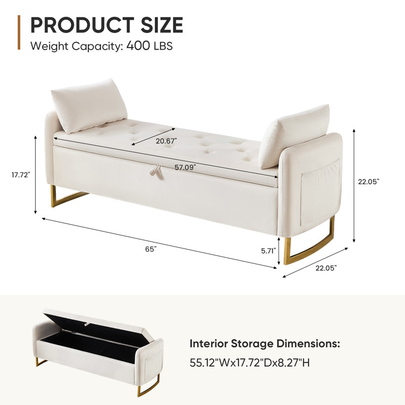 Soraiya 65'' Upholstered Storage Bench With Two Pillows, Beige
