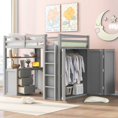 Lit mezzanine simple avec tiroirs, bureau et garde-robe