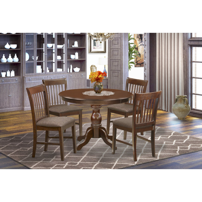 5 Piece Dining Table Set for 4 Includes a Round Kitchen Table with Pedestal and 4 Linen Fabric Dining Room Chairs, 42x42 Inch, Mahogany