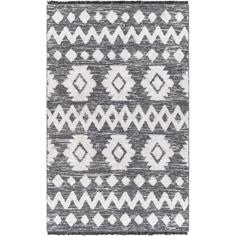 Tapis en coton tissé à la machine gris foncé de style sud-ouest himzo, Rectangle 7 pi 7 po x 10 pi