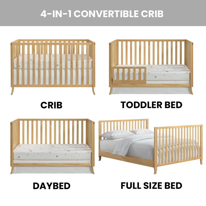 Natural Wood Convertible 4-in-1 Crib with Curved Feet
