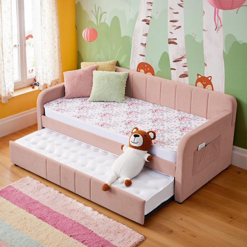 Velvet Upholstered Daybed with Trundle, Twin Size, Pink